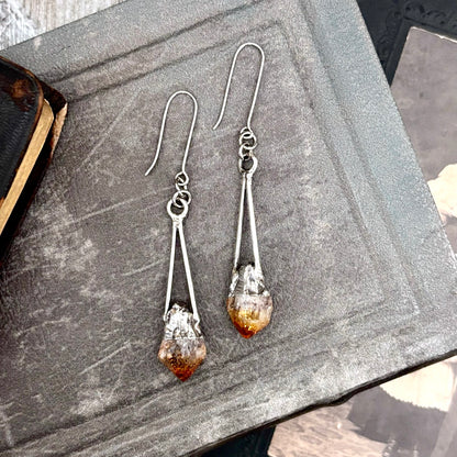 Raw Citrine Fine Silver Crystal Dangle Earrings / Long Dangle Witchy Earrings FOXLARK