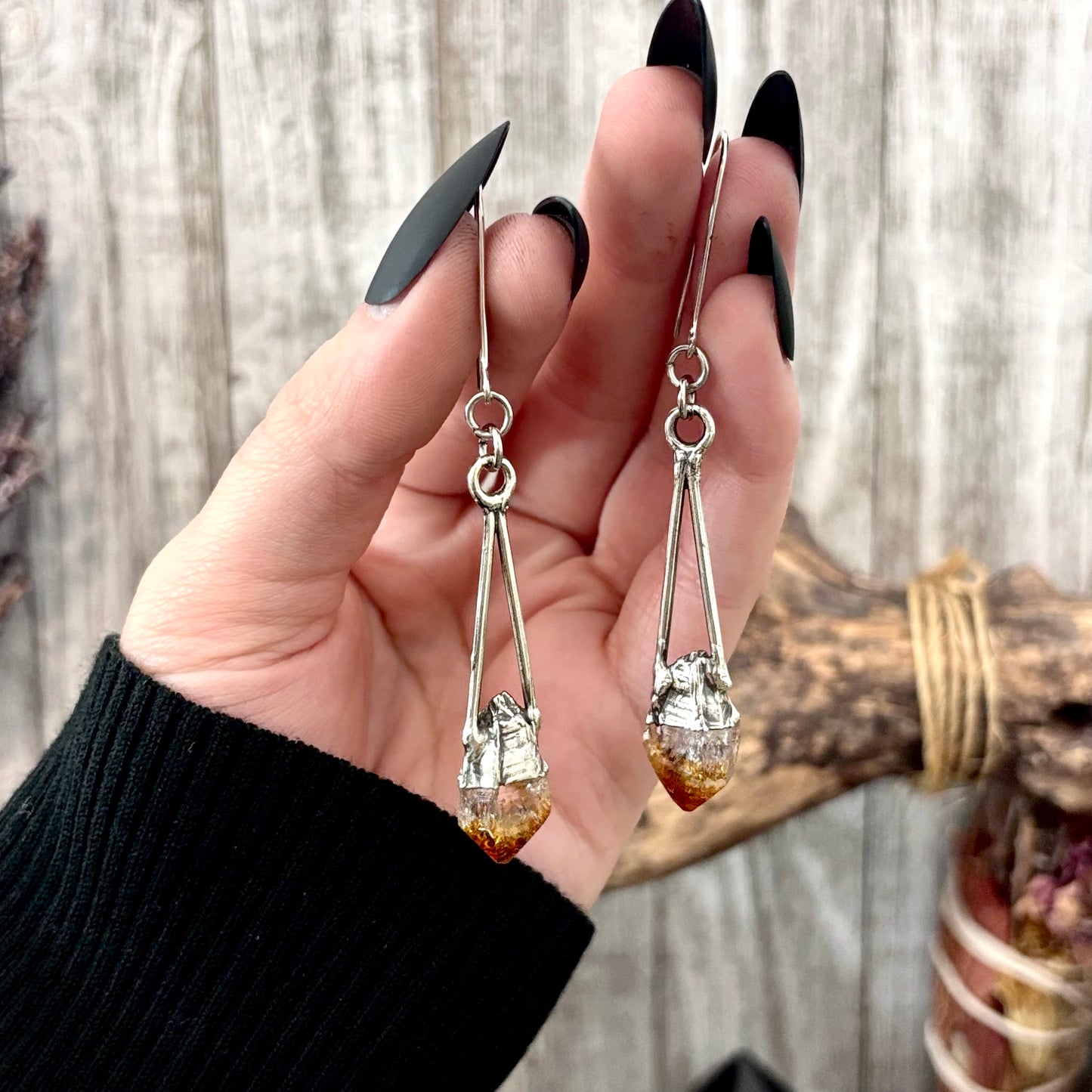 Raw Citrine Fine Silver Crystal Dangle Earrings / Long Dangle Witchy Earrings FOXLARK