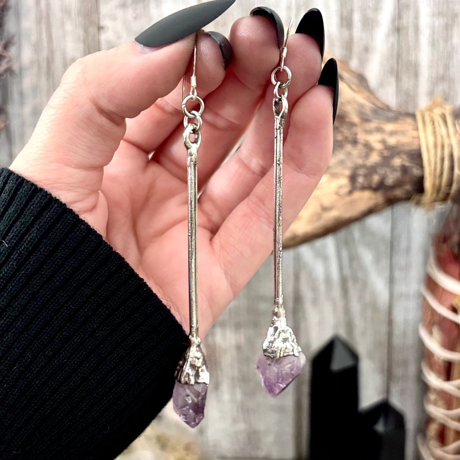 Raw Amethyst Fine Silver Crystal Dangle Earrings / Long Dangle Witchy Earrings FOXLARK