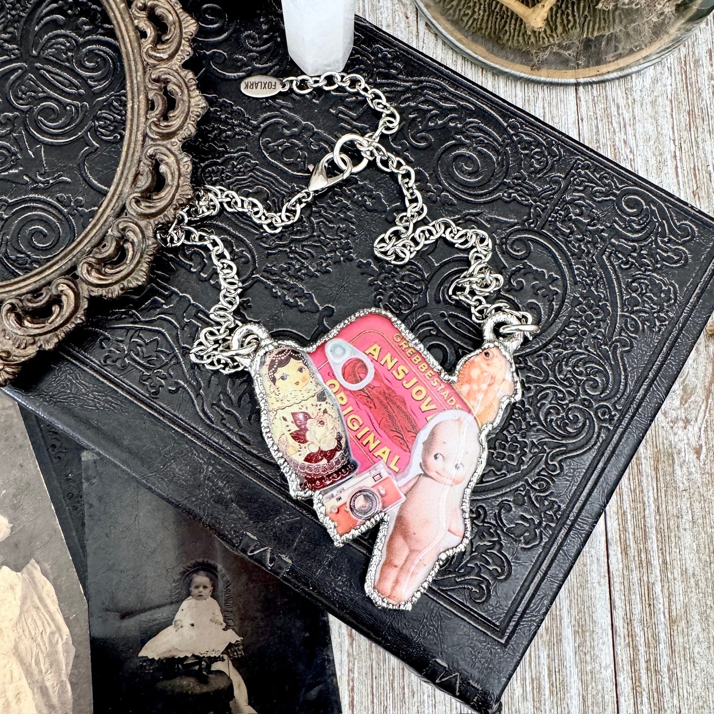 Vintage Collage Necklace (Kewpie Doll, Camera, Nesting Doll, etc.) - Fine Silver Necklace The Paper Project Collection / One of a Kind