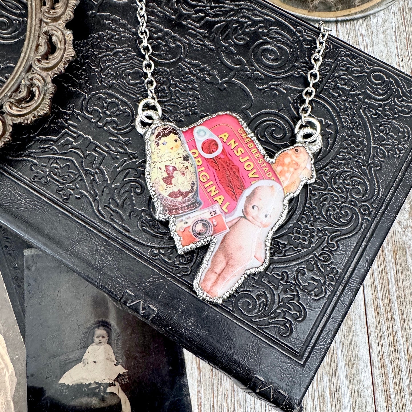 Vintage Collage Necklace (Kewpie Doll, Camera, Nesting Doll, etc.) - Fine Silver Necklace The Paper Project Collection / One of a Kind