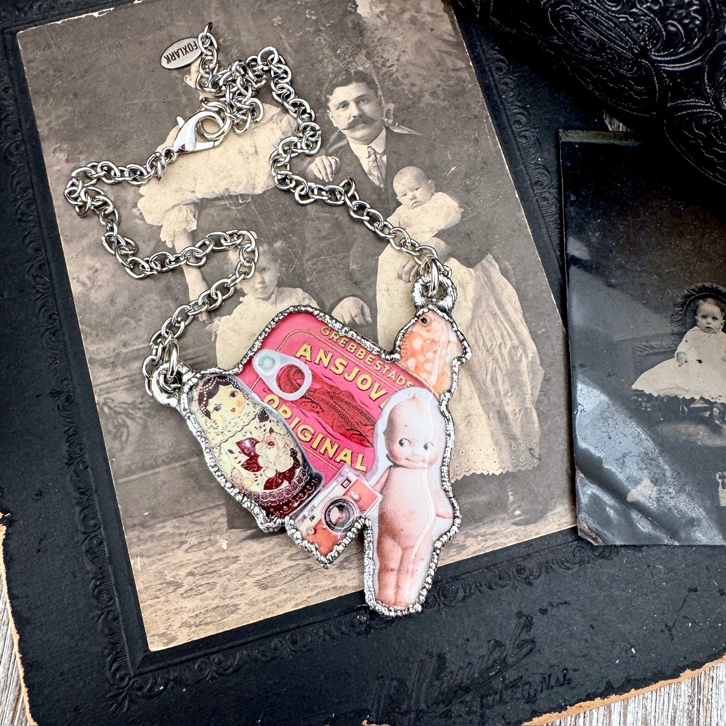 Vintage Collage Necklace (Kewpie Doll, Camera, Nesting Doll, etc.) - Fine Silver Necklace The Paper Project Collection / One of a Kind