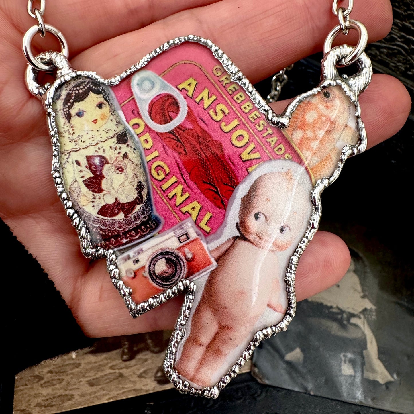 Vintage Collage Necklace (Kewpie Doll, Camera, Nesting Doll, etc.) - Fine Silver Necklace The Paper Project Collection / One of a Kind
