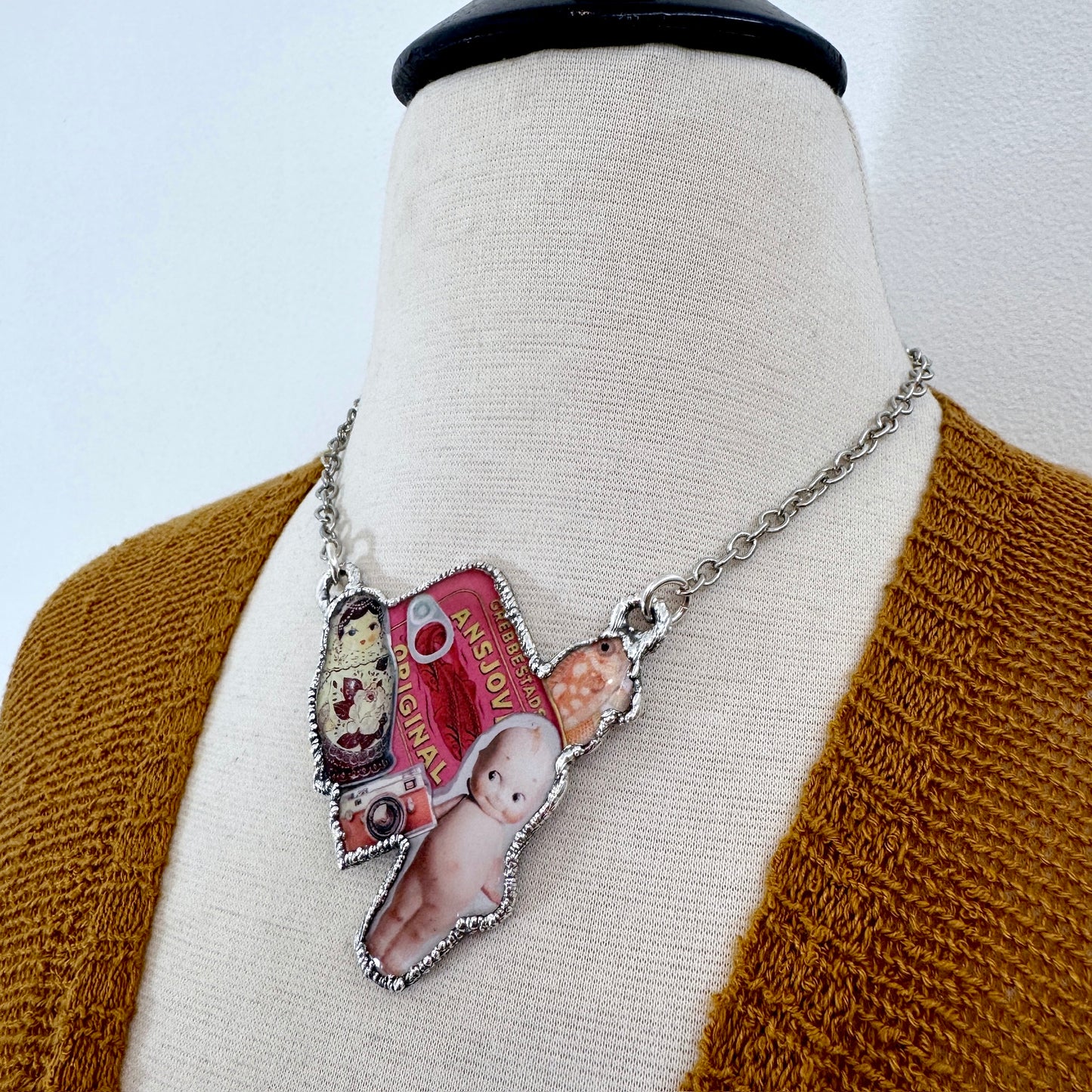 Vintage Collage Necklace (Kewpie Doll, Camera, Nesting Doll, etc.) - Fine Silver Necklace The Paper Project Collection / One of a Kind