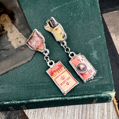 Mismatch Long Fine Silver Earrings - Vintage Cat, Matchbox, Rabbit and Camera / One of a Kind