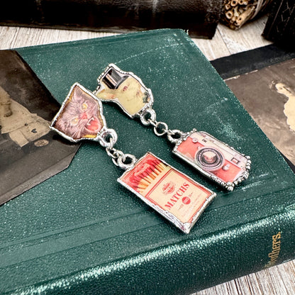 Mismatch Long Fine Silver Earrings - Vintage Cat, Matchbox, Rabbit and Camera / One of a Kind