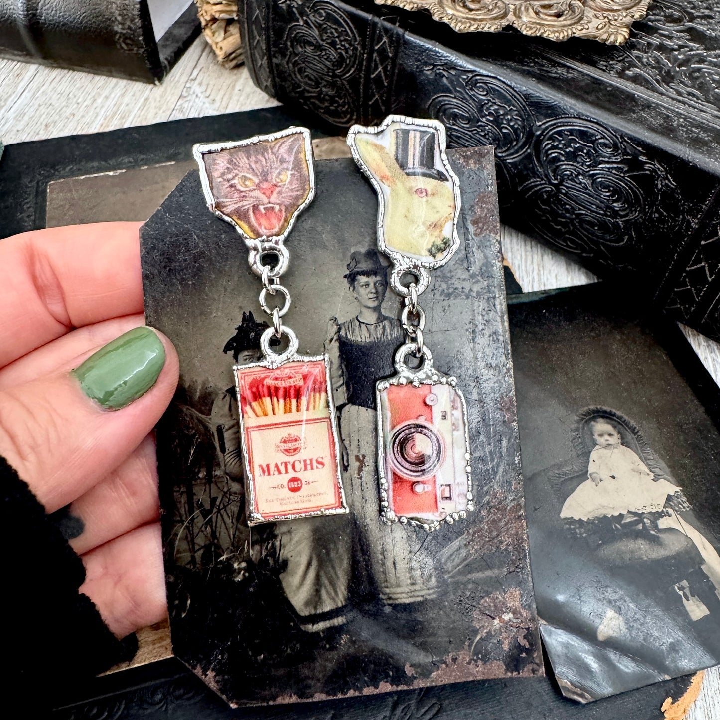 Mismatch Long Fine Silver Earrings - Vintage Cat, Matchbox, Rabbit and Camera / One of a Kind