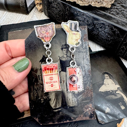 Mismatch Long Fine Silver Earrings - Vintage Cat, Matchbox, Rabbit and Camera / One of a Kind