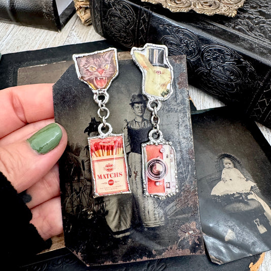 Mismatch Long Fine Silver Earrings - Vintage Cat, Matchbox, Rabbit and Camera / One of a Kind