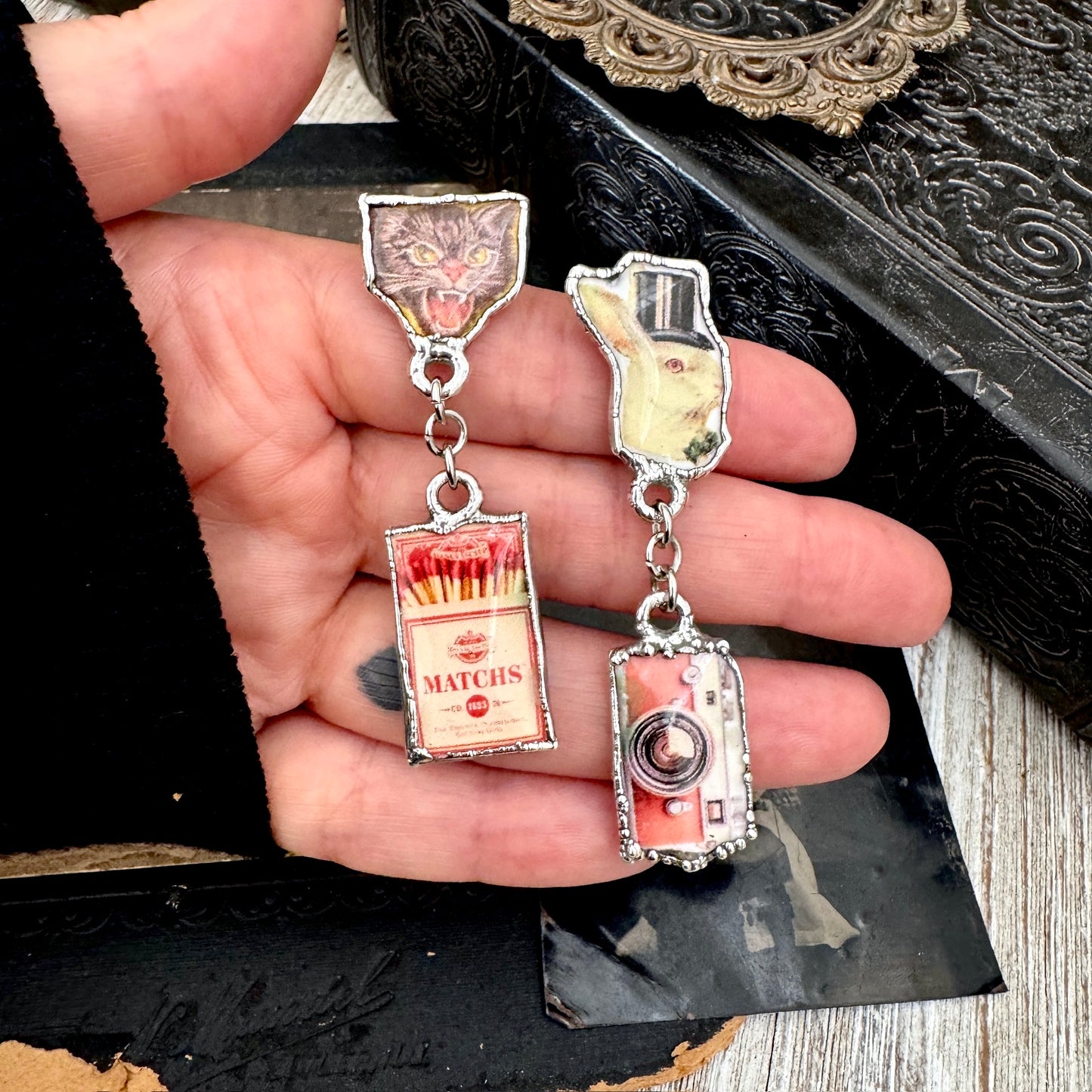 Mismatch Long Fine Silver Earrings - Vintage Cat, Matchbox, Rabbit and Camera / One of a Kind