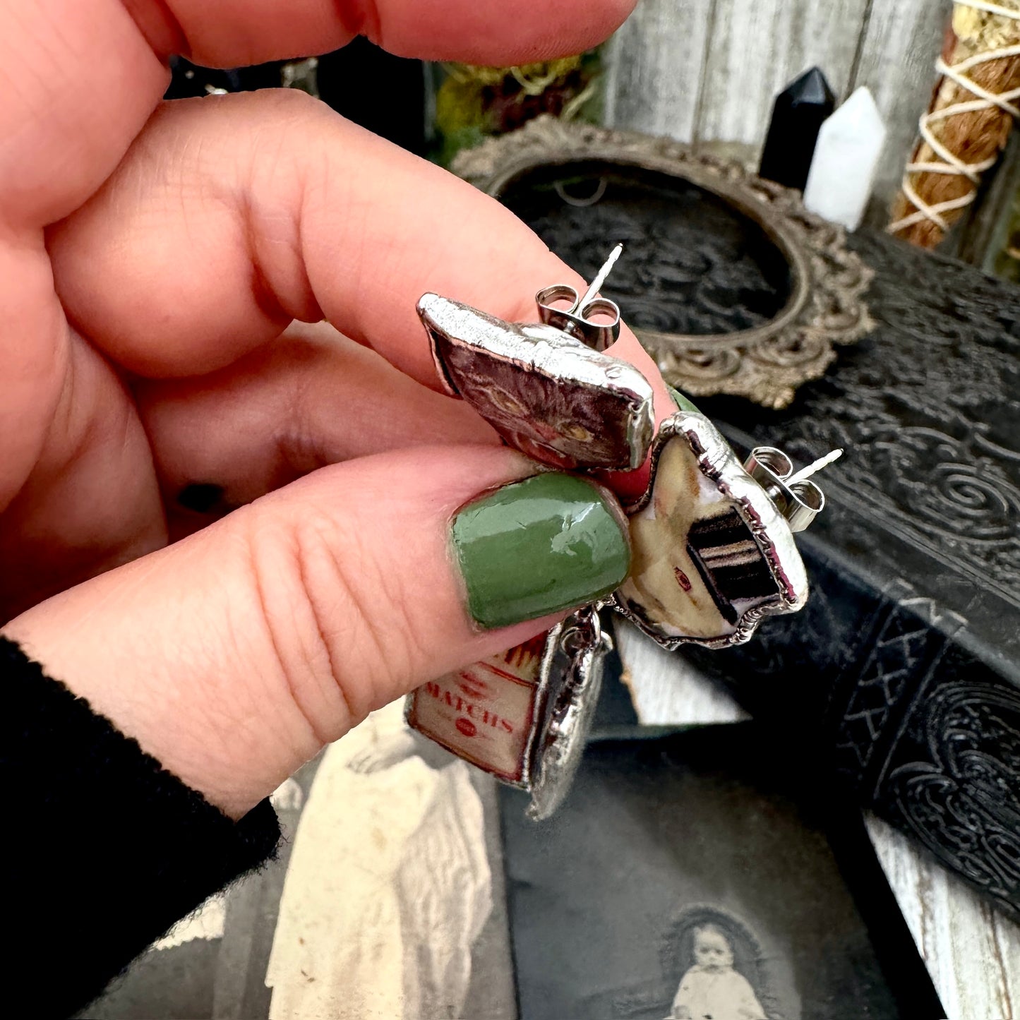 Mismatch Long Fine Silver Earrings - Vintage Cat, Matchbox, Rabbit and Camera / One of a Kind