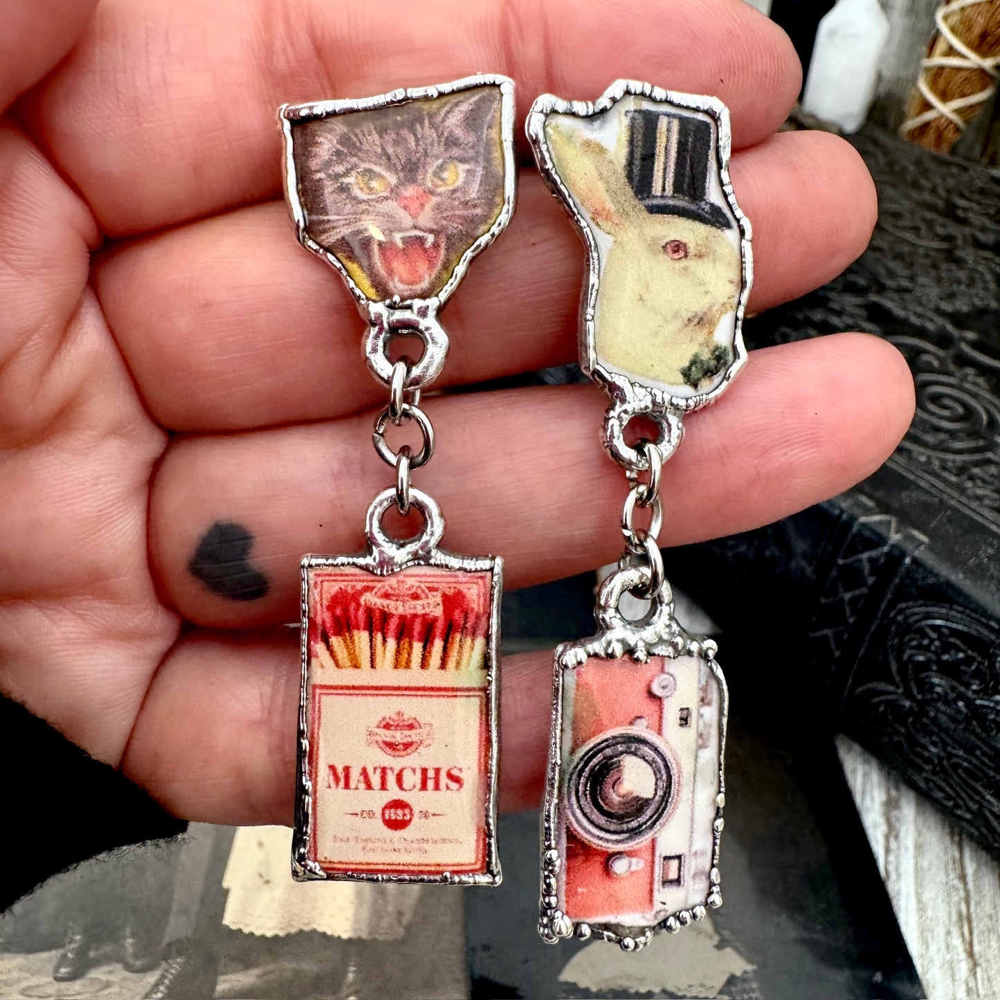 Mismatch Long Fine Silver Earrings - Vintage Cat, Matchbox, Rabbit and Camera / One of a Kind