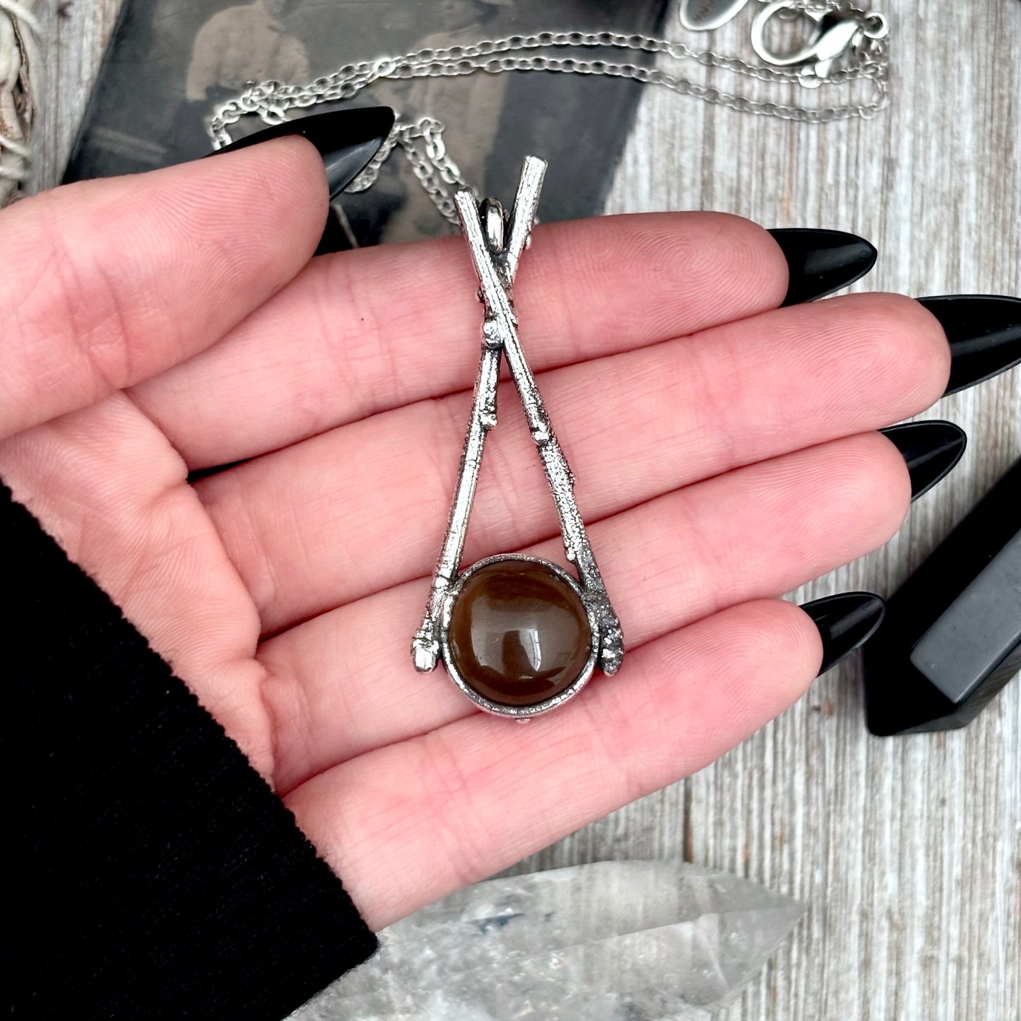Smoky Quartz Crystal Necklace in Silver /Sticks & Stones Collection