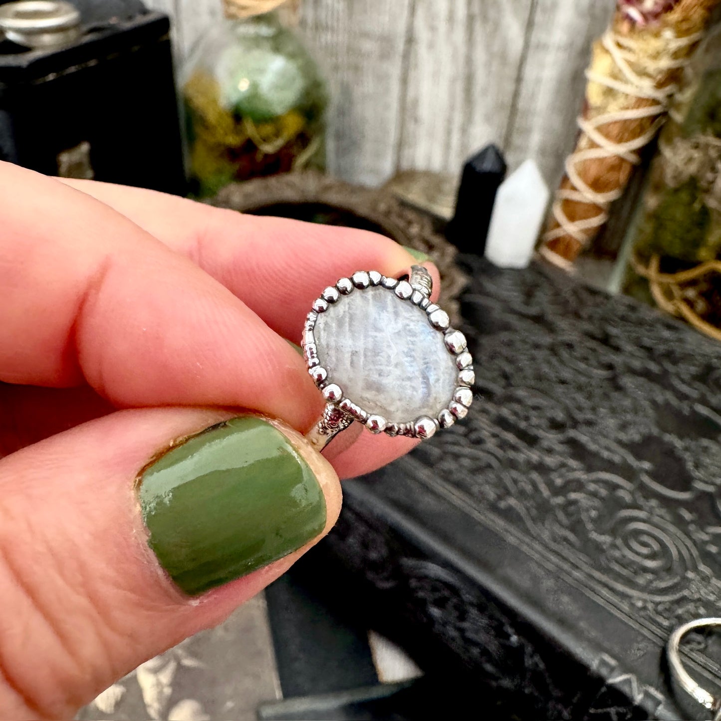 Rainbow Moonstone Ring Fine Silver Small faceted Stone Ring Size 6 7 8 9 10 11 / Foxlark Collection FOXLARK