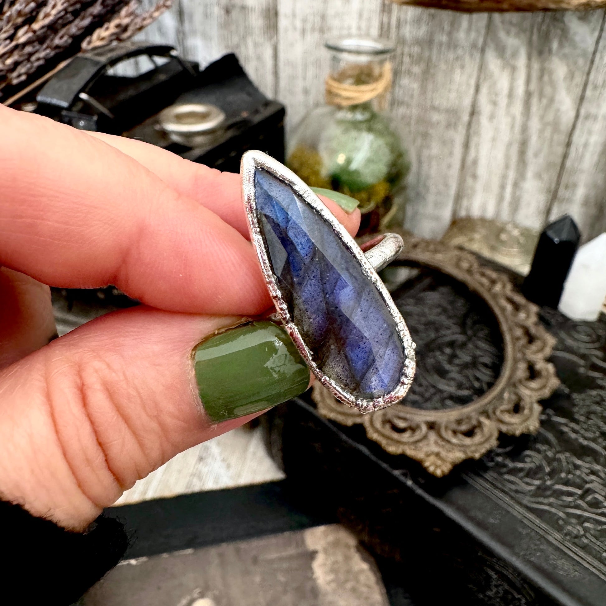 Blue Labradorite Ring Fine Silver Small Faceted Stone Ring Size 5 6 7 8 9 10 11 / Foxlark Collection FOXLARK