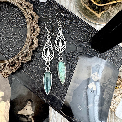 Blue Labradorite Fine Silver Crystal Dangle Earrings / Long Dangle Witchy Earrings FOXLARK