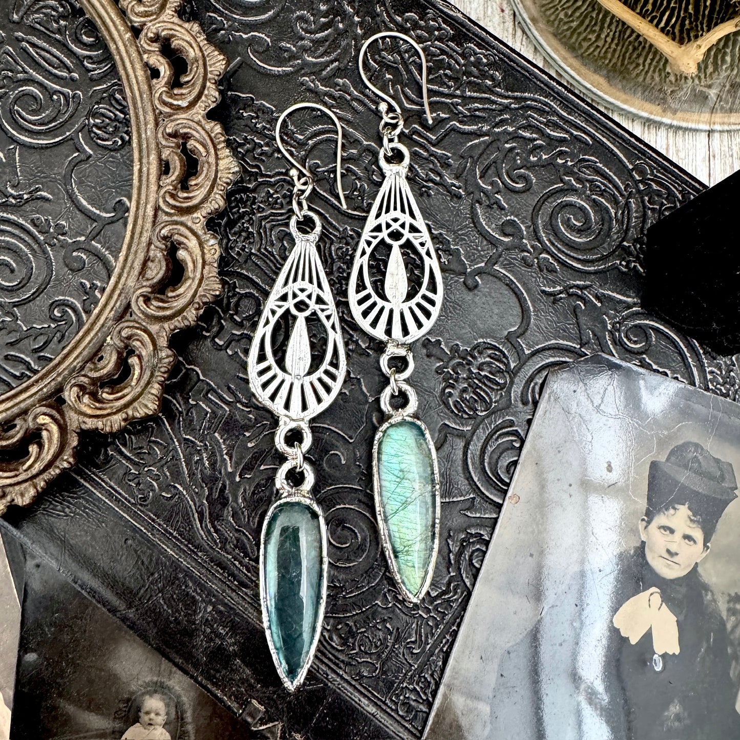 Blue Labradorite Fine Silver Crystal Dangle Earrings / Long Dangle Witchy Earrings FOXLARK