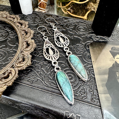 Blue Labradorite Fine Silver Crystal Dangle Earrings / Long Dangle Witchy Earrings FOXLARK