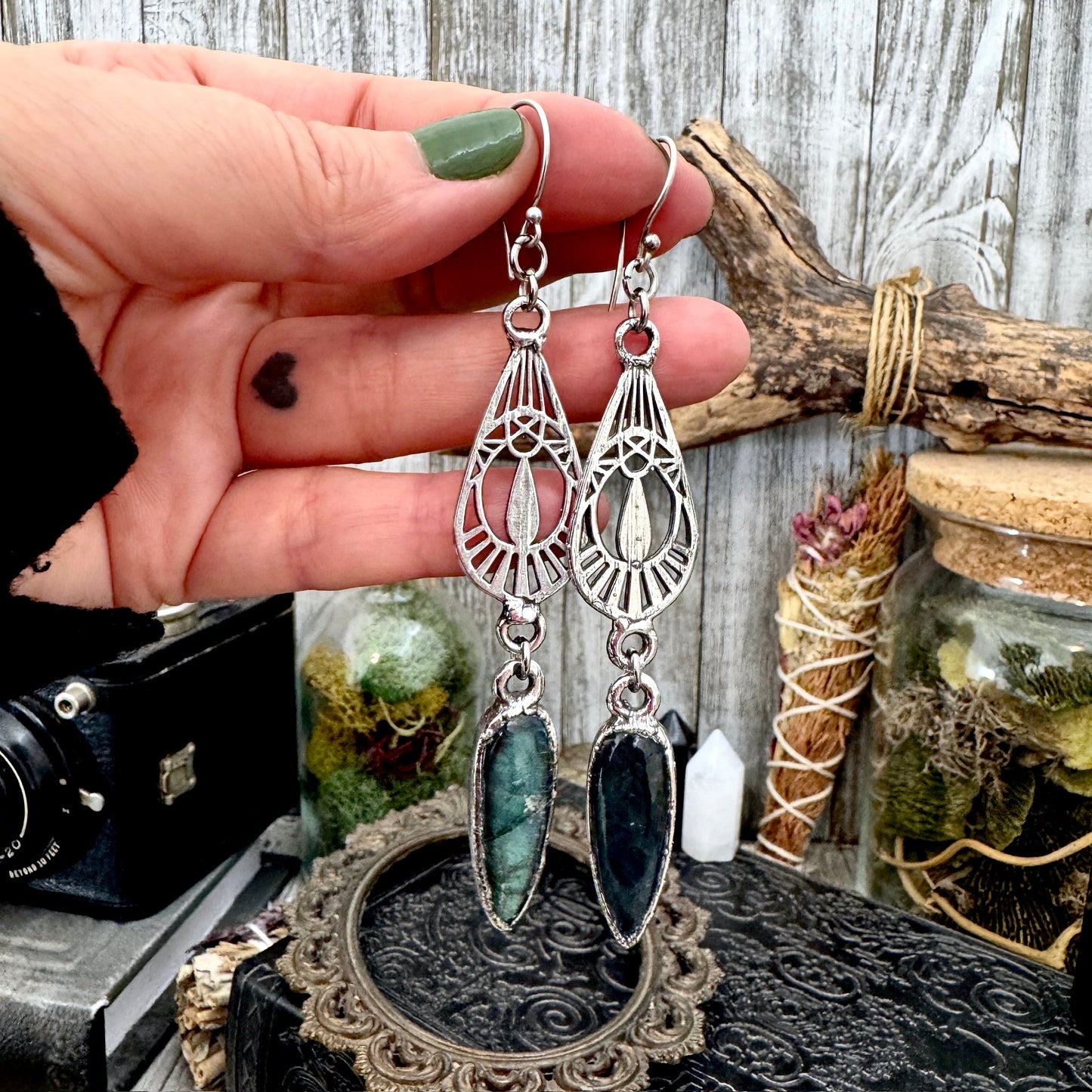 Blue Labradorite Fine Silver Crystal Dangle Earrings / Long Dangle Witchy Earrings FOXLARK