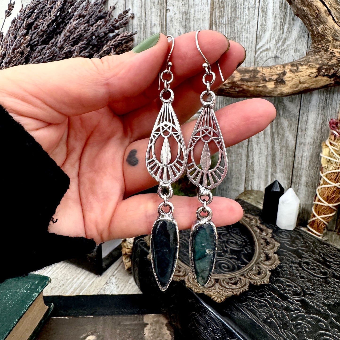 Blue Labradorite Fine Silver Crystal Dangle Earrings / Long Dangle Witchy Earrings FOXLARK