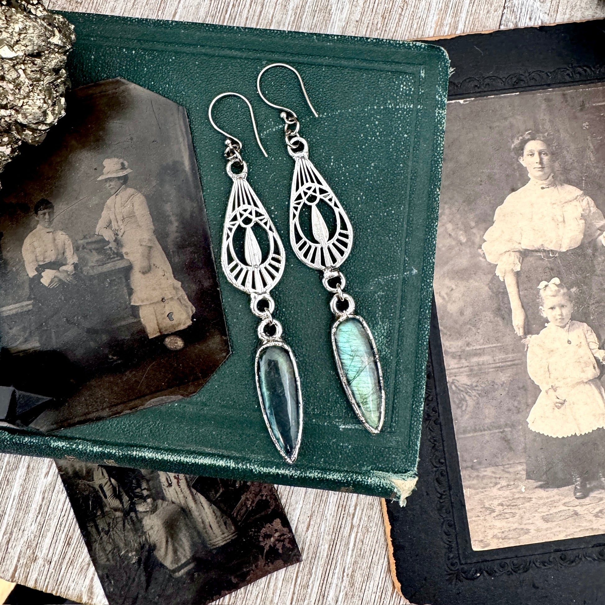 Blue Labradorite Fine Silver Crystal Dangle Earrings / Long Dangle Witchy Earrings FOXLARK