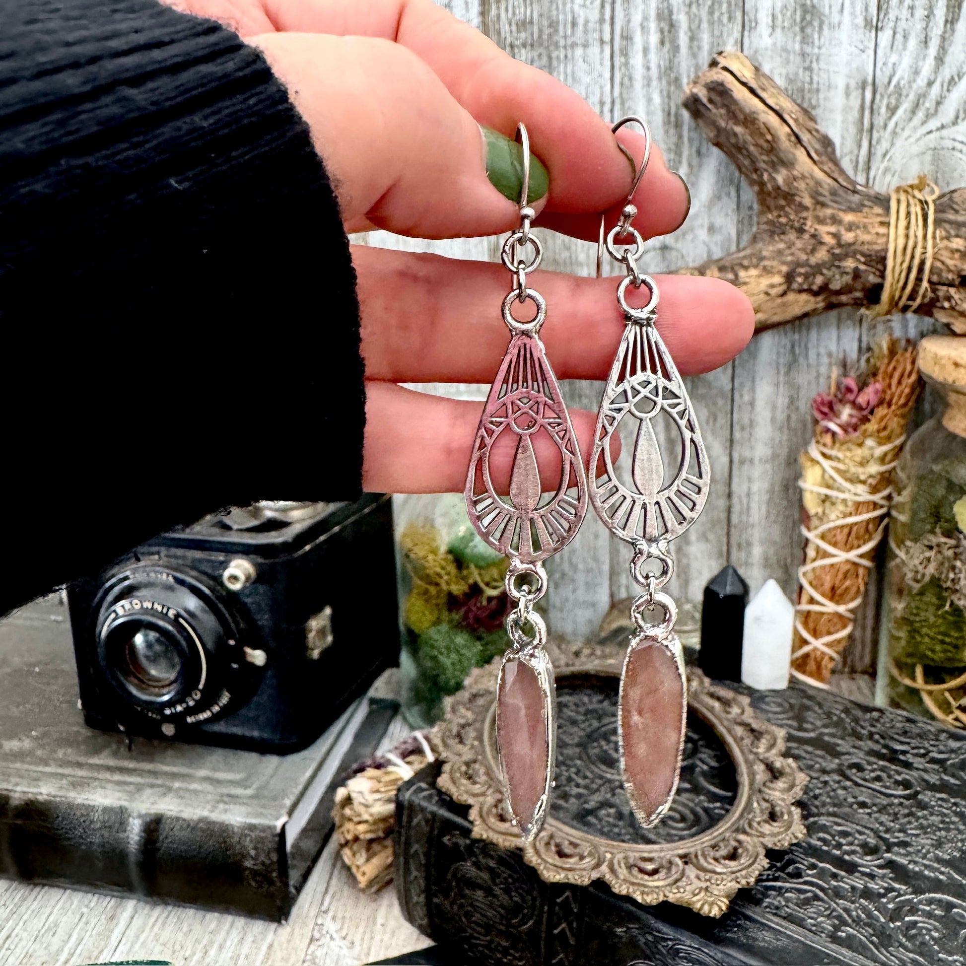Peach Moonstone Fine Silver Crystal Dangle Earrings / Long Dangle Witchy Earrings FOXLARK