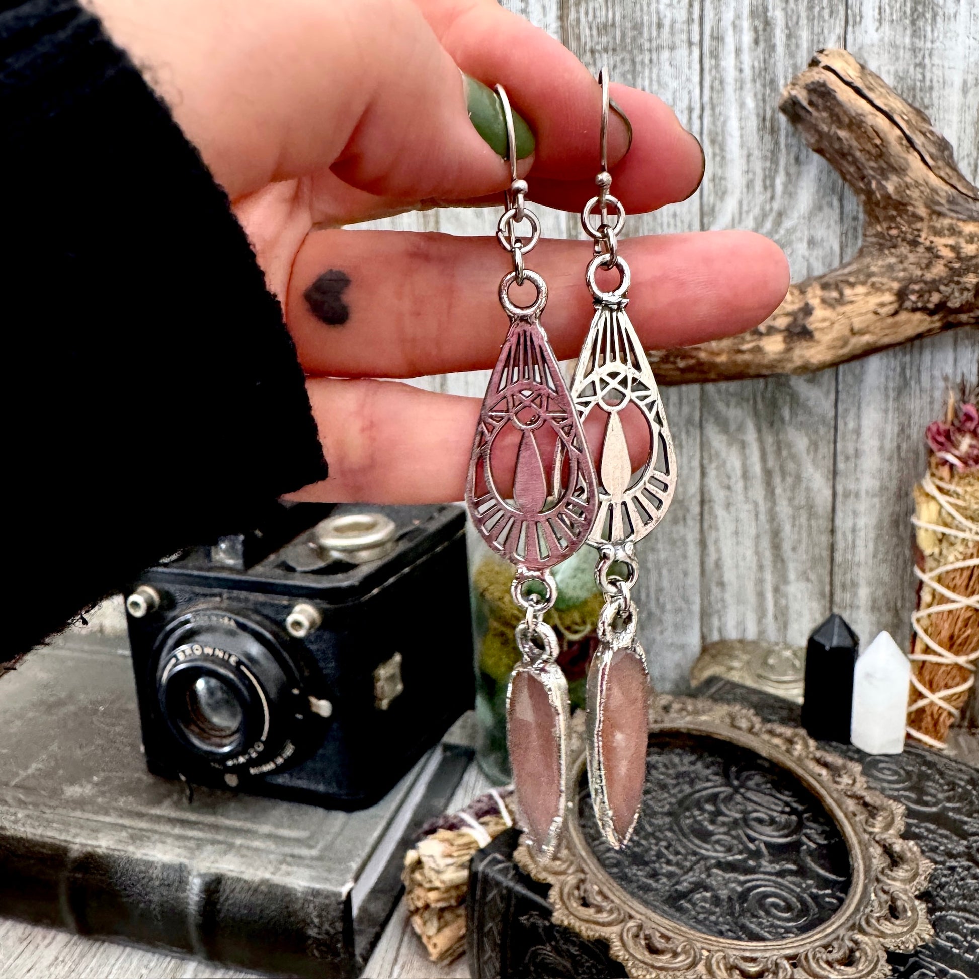Peach Moonstone Fine Silver Crystal Dangle Earrings / Long Dangle Witchy Earrings FOXLARK
