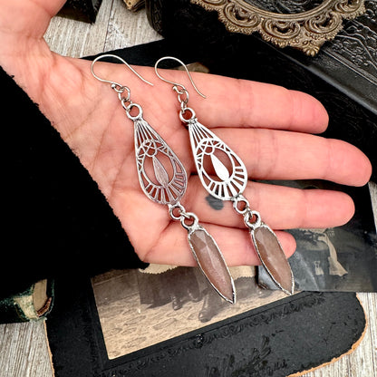 Peach Moonstone Fine Silver Crystal Dangle Earrings / Long Dangle Witchy Earrings FOXLARK