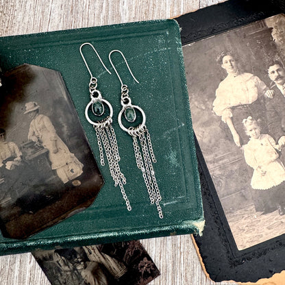Moss Agate Fine Silver Crystal Hoop Fringe Earrings / Long Dangle Witchy Earrings FOXLARK