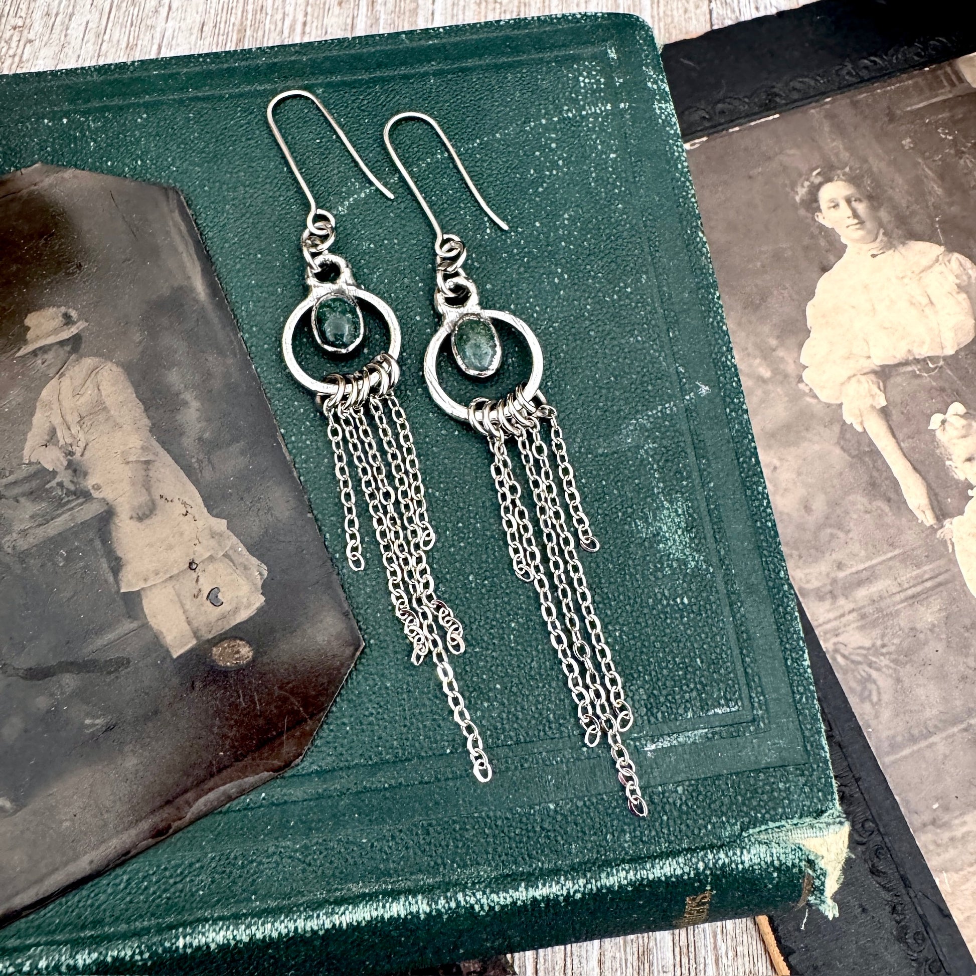 Moss Agate Fine Silver Crystal Hoop Fringe Earrings / Long Dangle Witchy Earrings FOXLARK
