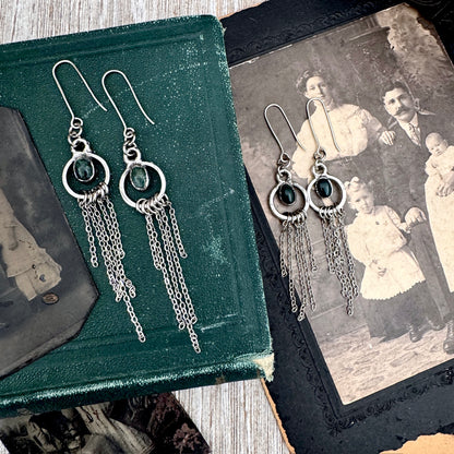 Moss Agate Fine Silver Crystal Hoop Fringe Earrings / Long Dangle Witchy Earrings FOXLARK