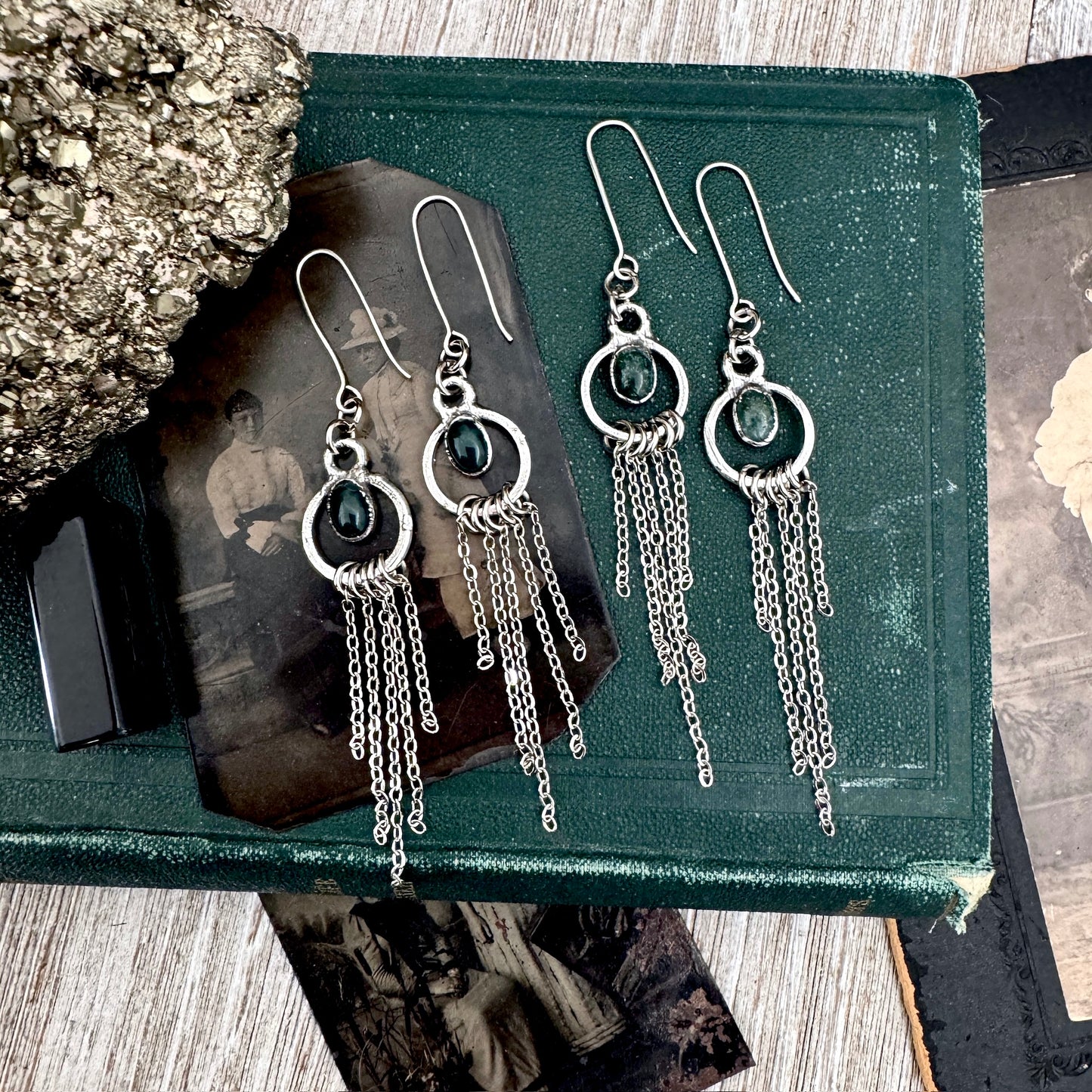 Moss Agate Fine Silver Crystal Hoop Fringe Earrings / Long Dangle Witchy Earrings FOXLARK