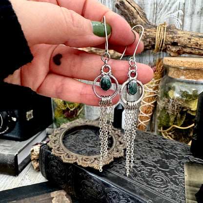 Moss Agate Fine Silver Crystal Hoop Fringe Earrings / Long Dangle Witchy Earrings FOXLARK