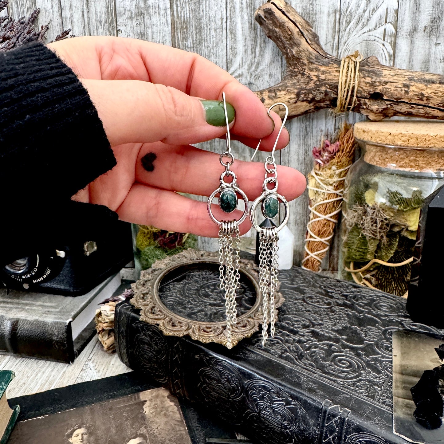 Moss Agate Fine Silver Crystal Hoop Fringe Earrings / Long Dangle Witchy Earrings FOXLARK