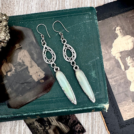 Blue Chalcedony Fine Silver Crystal Dangle Earrings / Long Dangle Witchy Earrings