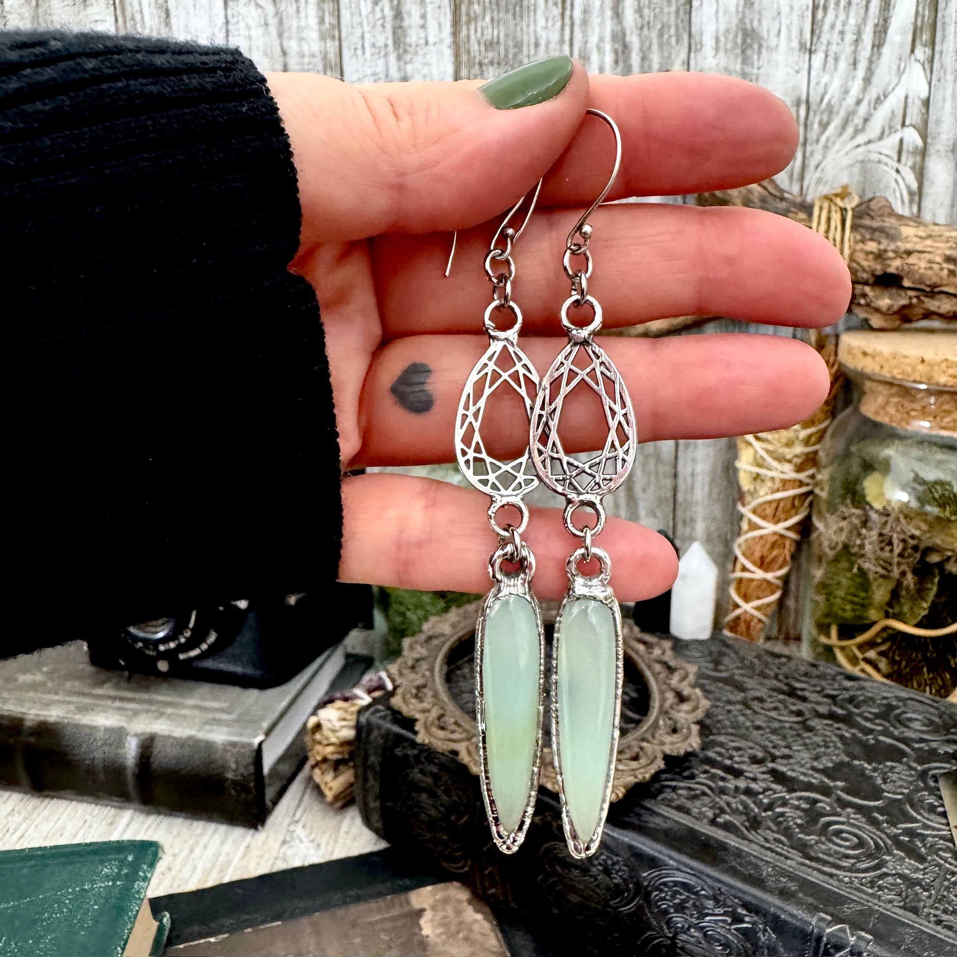 Blue Chalcedony Fine Silver Crystal Dangle Earrings / Long Dangle Witchy Earrings FOXLARK