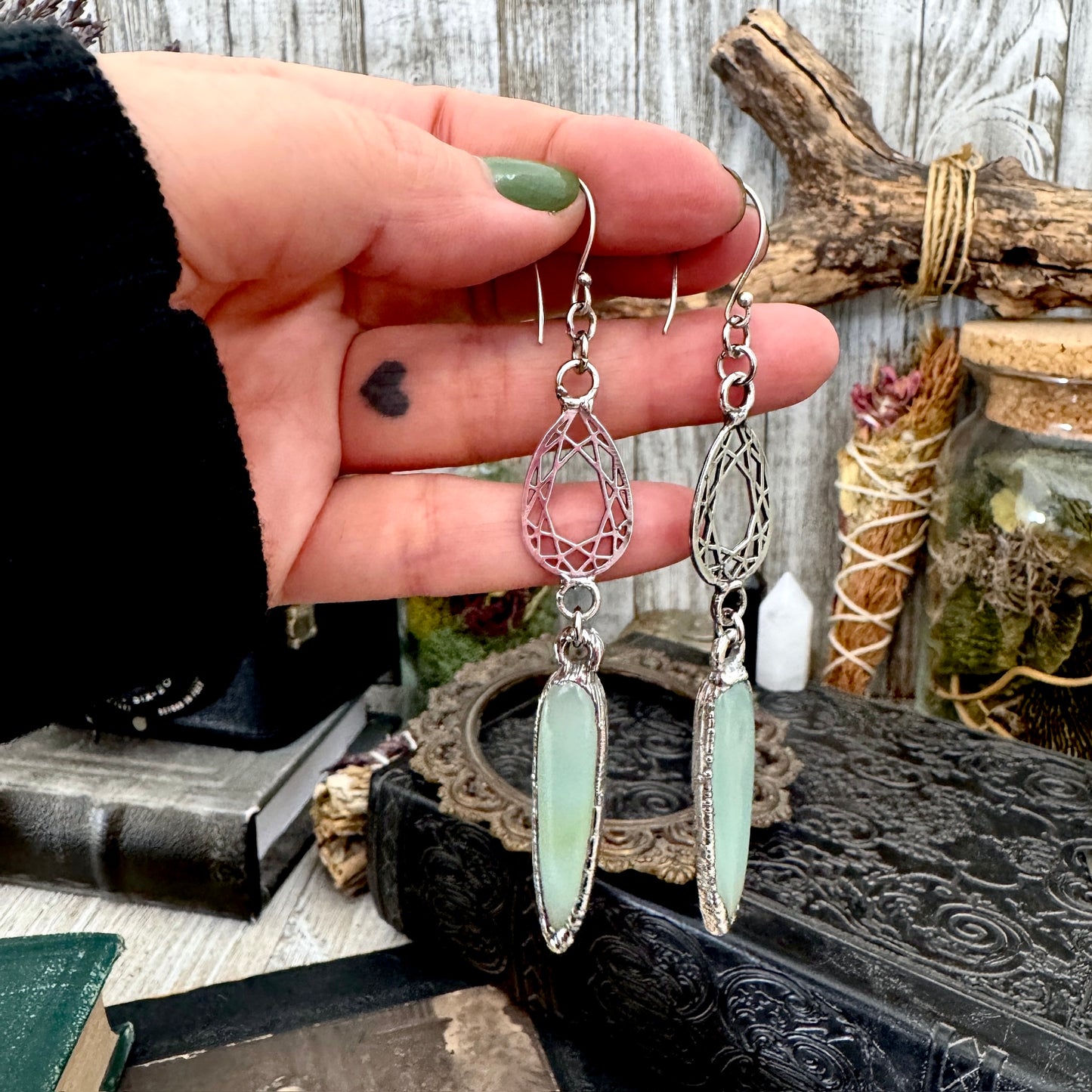 Blue Chalcedony Fine Silver Crystal Dangle Earrings / Long Dangle Witchy Earrings FOXLARK