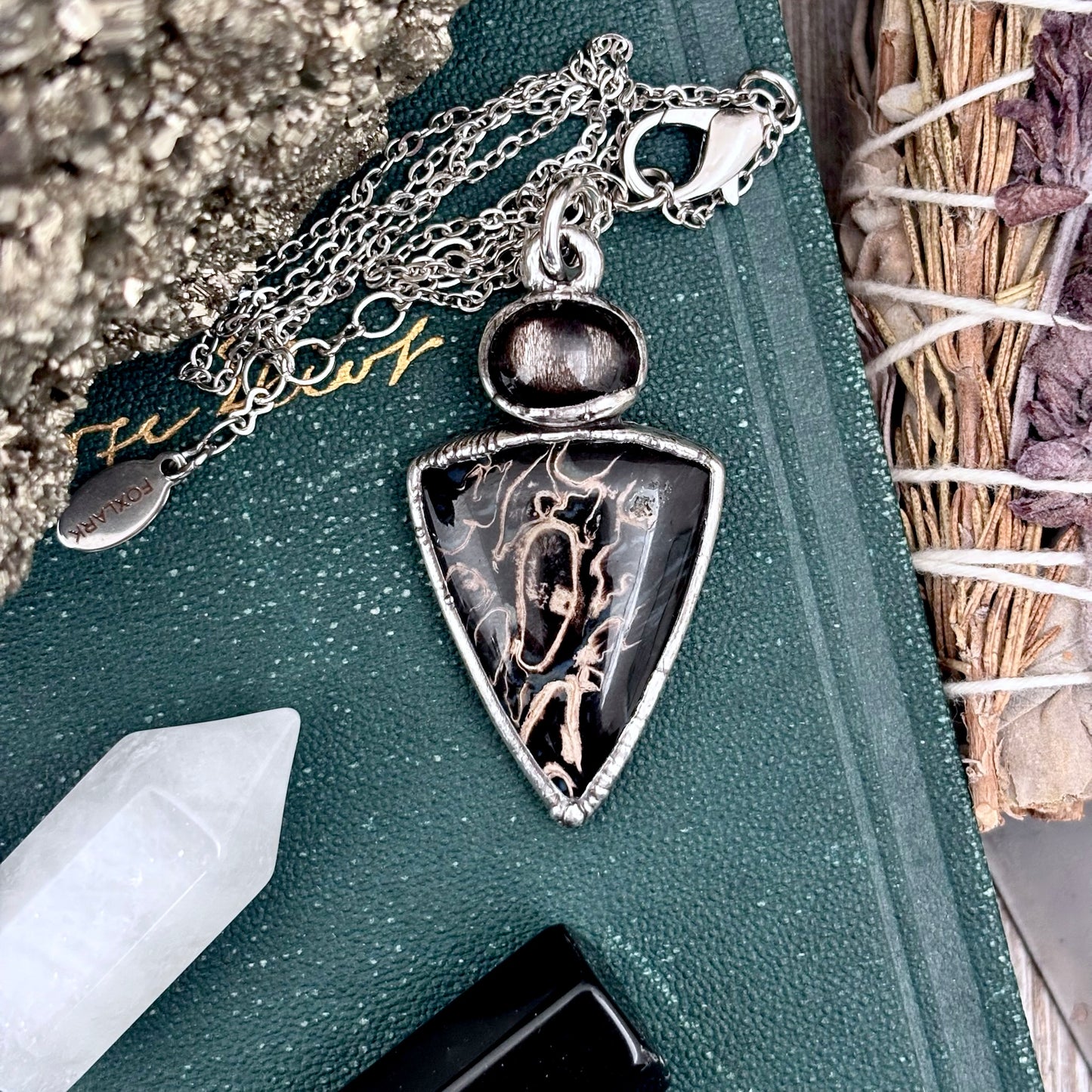 Multi Stone Black Star Sunstone Fossilized Palm Root Crystal Necklace Fine Silver / Foxlark Collection FOXLARK