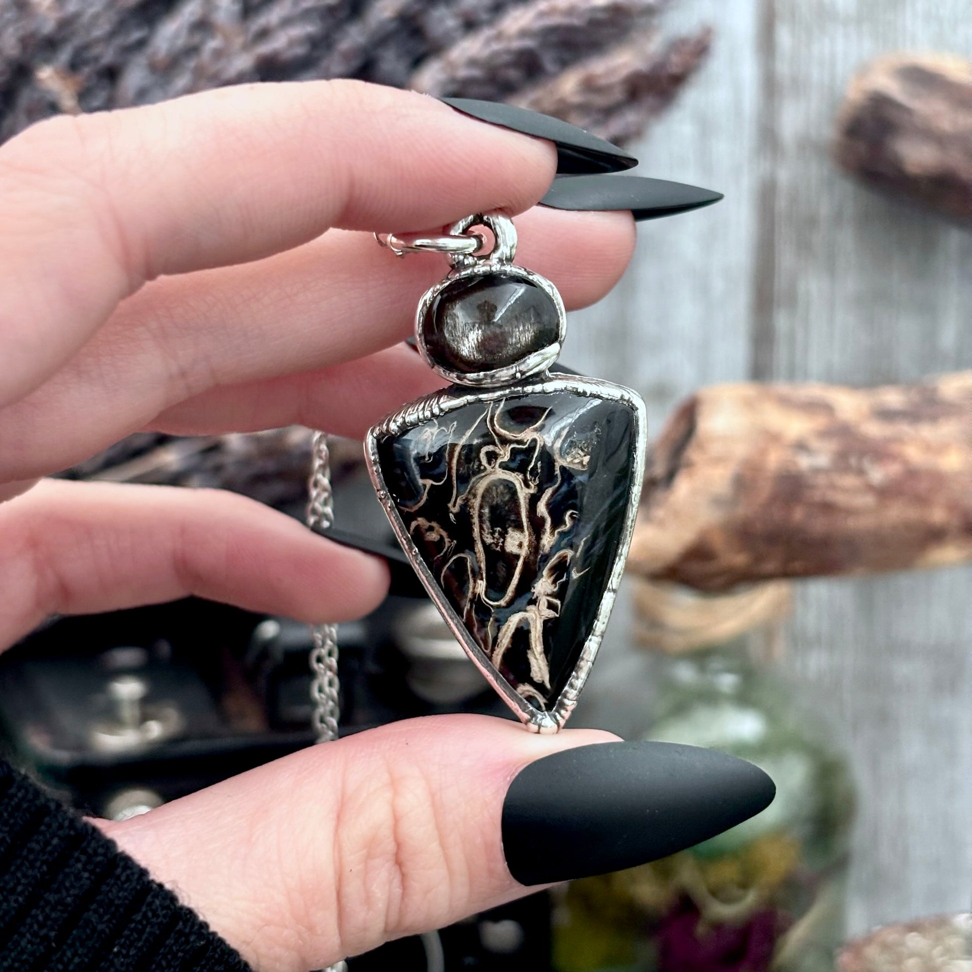 Multi Stone Black Star Sunstone Fossilized Palm Root Crystal Necklace Fine Silver / Foxlark Collection FOXLARK