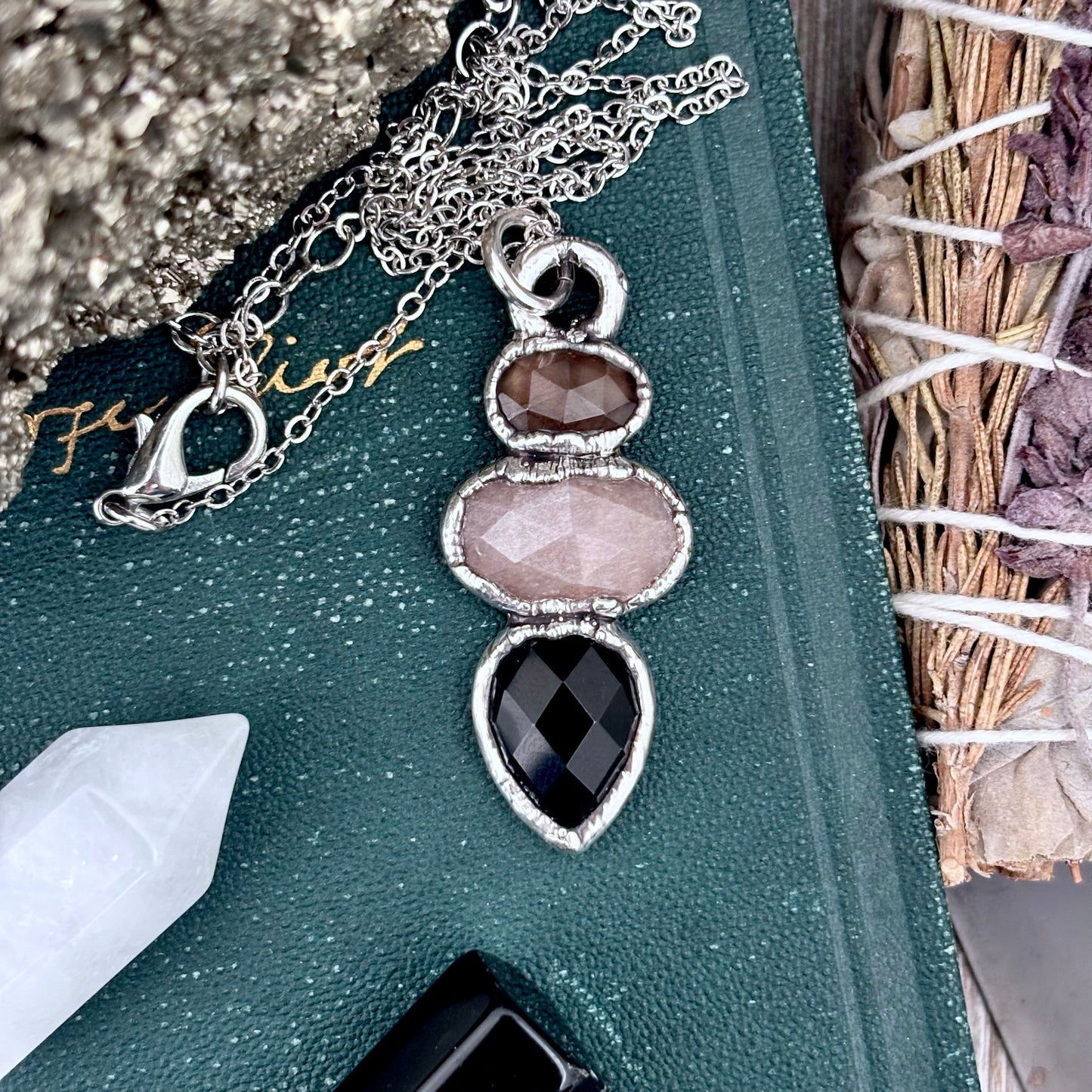 Multi Stone Smoky Quartz Peach Moonstone Black Onyx Crystal Necklace Fine Silver / Foxlark Collection