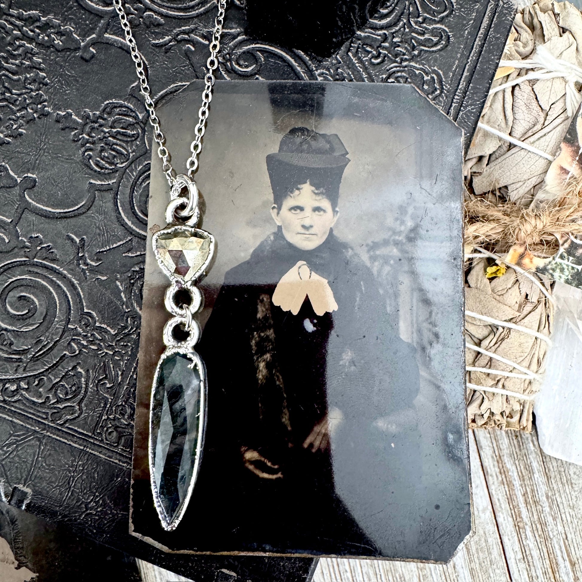 Multi Stone Pyrite and Moss Agate Charm Necklace in Fine Silver / Foxlark Collection FOXLARK