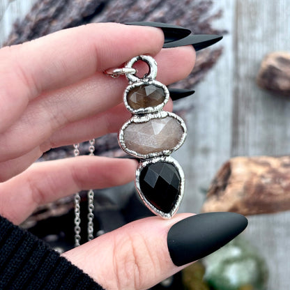 Multi Stone Smoky Quartz Peach Moonstone Black Onyx Crystal Necklace Fine Silver / Foxlark Collection