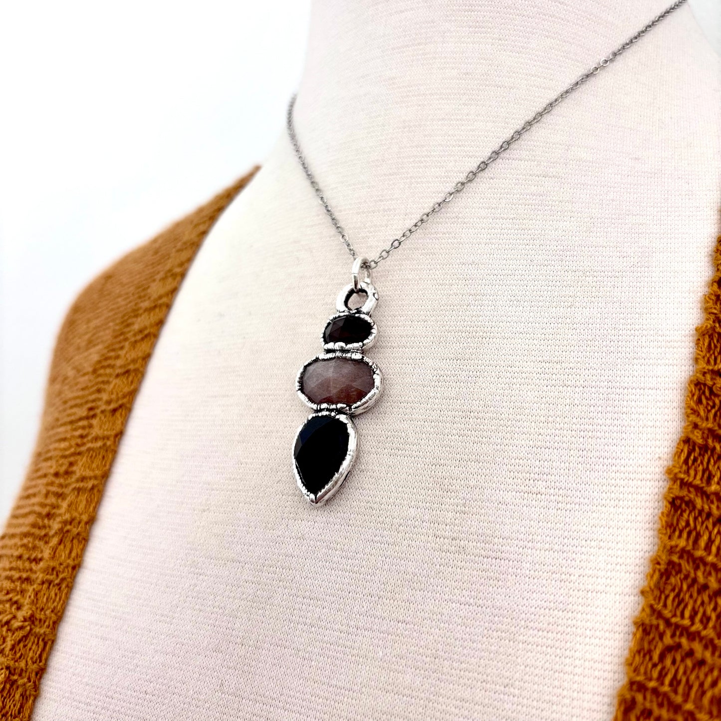 Multi Stone Smoky Quartz Peach Moonstone Black Onyx Crystal Necklace Fine Silver / Foxlark Collection