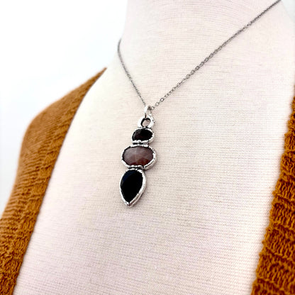 Multi Stone Smoky Quartz Peach Moonstone Black Onyx Crystal Necklace Fine Silver / Foxlark Collection
