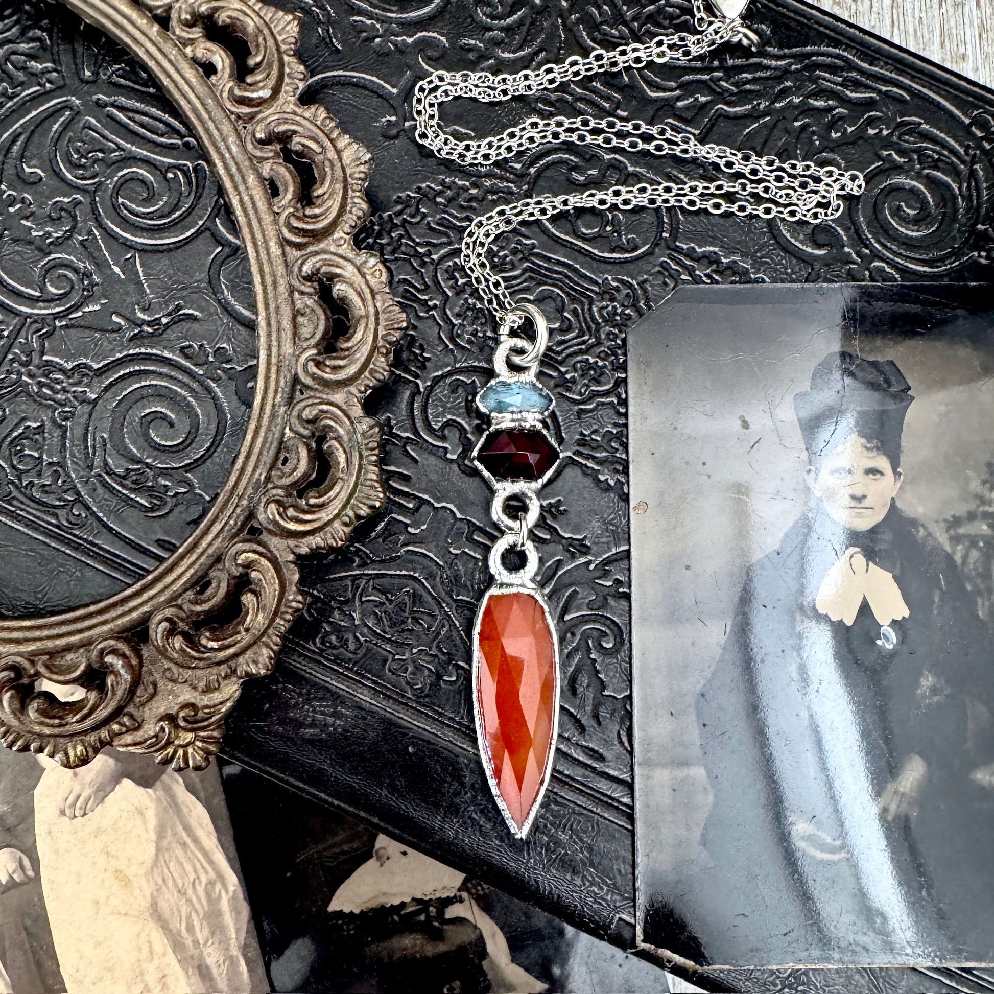 Multi Stone Blue Kyanite, Garnet and Carnelian Charm Necklace in Fine Silver / Foxlark Collection FOXLARK
