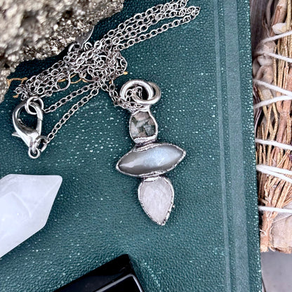 Multi Stone Moss Agate Grey Moonstone Clear Quartz Crystal Necklace Fine Silver / Foxlark Collection FOXLARK