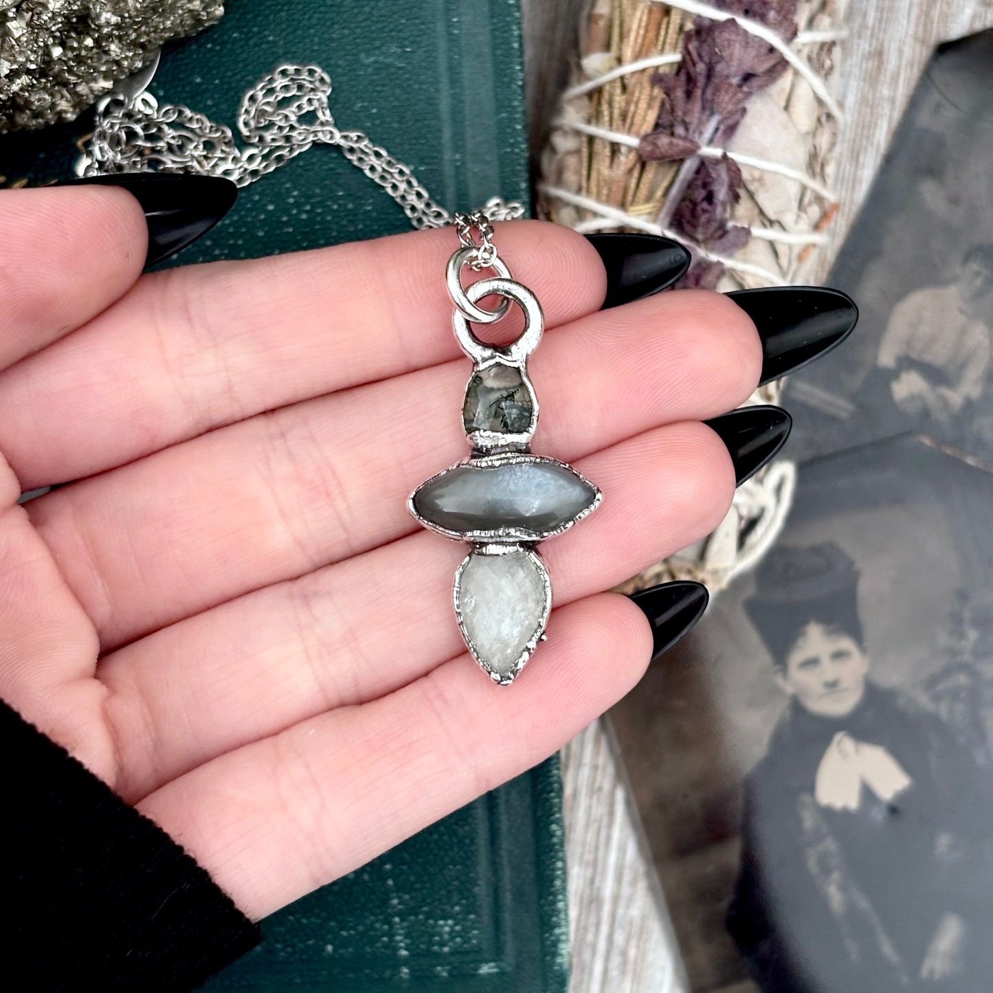 Multi Stone Moss Agate Grey Moonstone Clear Quartz Crystal Necklace Fine Silver / Foxlark Collection FOXLARK