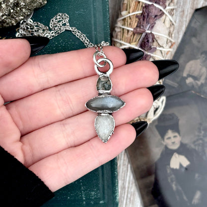 Multi Stone Moss Agate Grey Moonstone Clear Quartz Crystal Necklace Fine Silver / Foxlark Collection FOXLARK