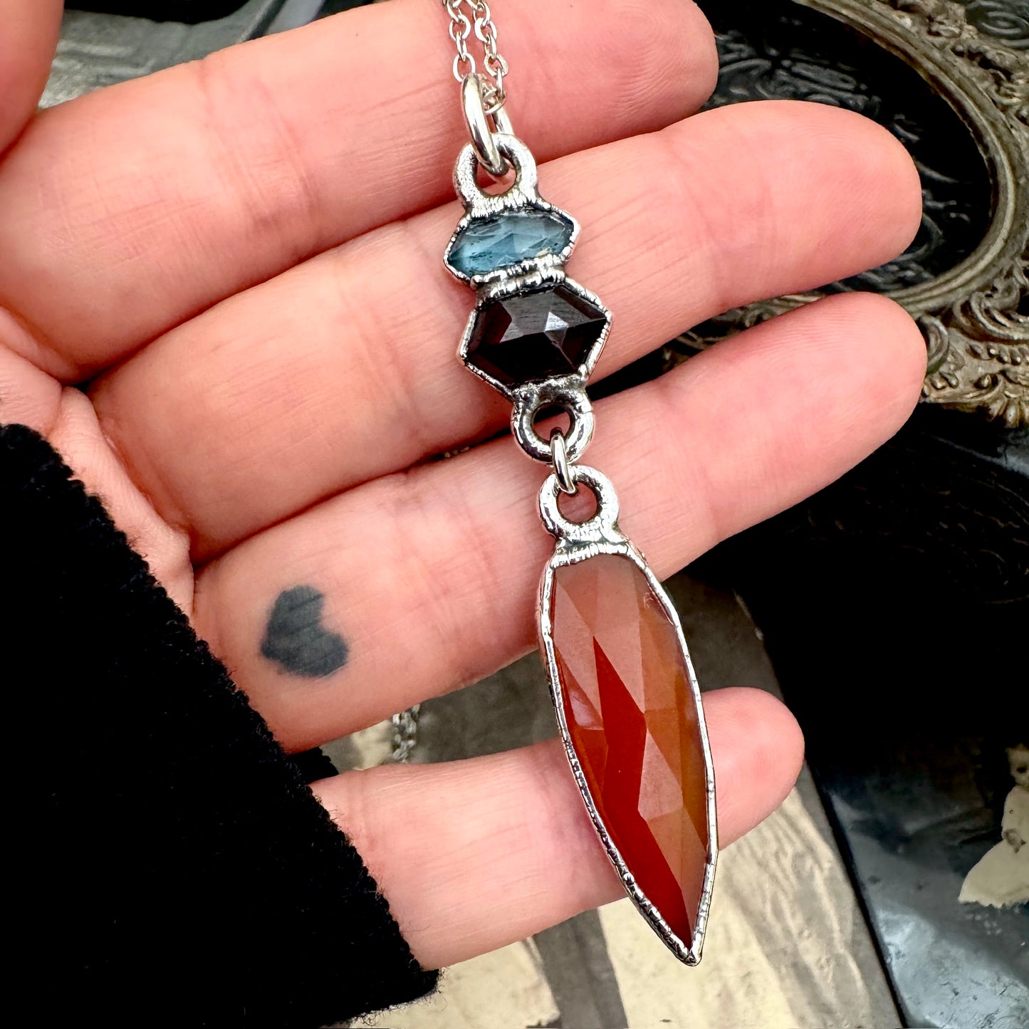 Multi Stone Blue Kyanite, Garnet and Carnelian Charm Necklace in Fine Silver / Foxlark Collection FOXLARK