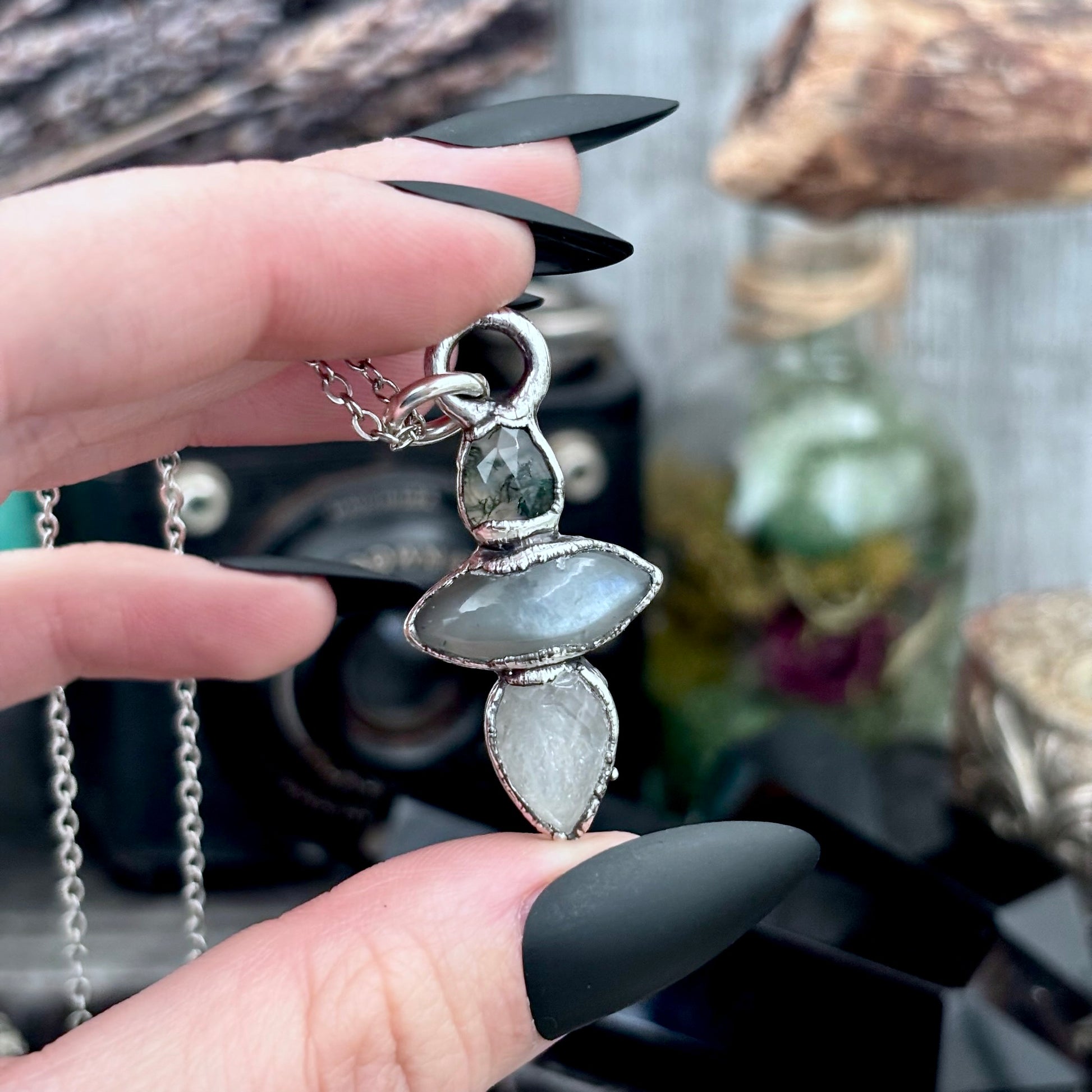 Multi Stone Moss Agate Grey Moonstone Clear Quartz Crystal Necklace Fine Silver / Foxlark Collection FOXLARK